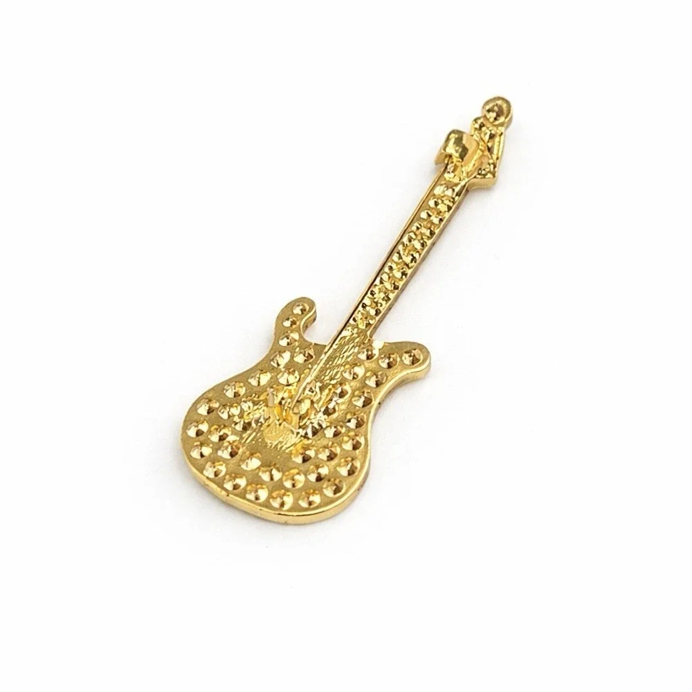 White Rhinestone Electric Guitar Brooch with Gold Tone Metal Accent Pin 2.25